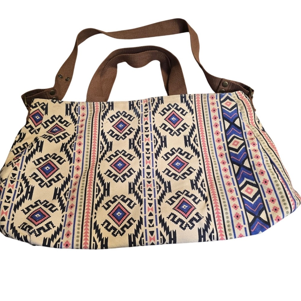 Boho Geometric Tribal Print Canvas Tote Bag Cream Blue Pink Shoulder Bag
